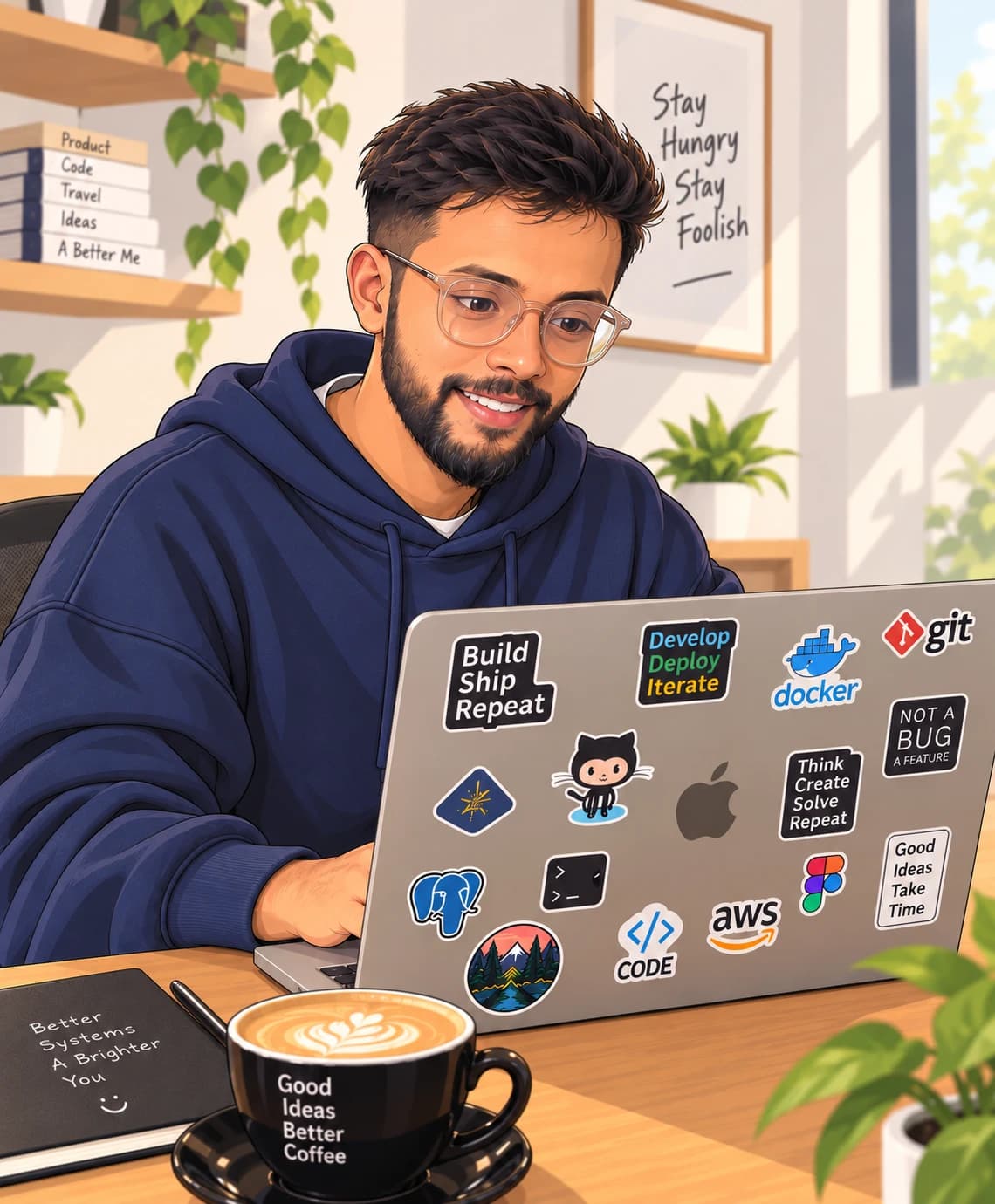 Illustrated avatar of Tejas working on a sticker-covered laptop with a coffee
